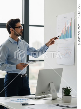 Focused Man Presenting Bar Chart on Office Wall with Natural Lighting 132181722