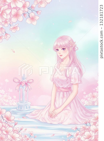 Young Woman in Pink Dress Seated by Tower Under Blossoming Cherry 132181723