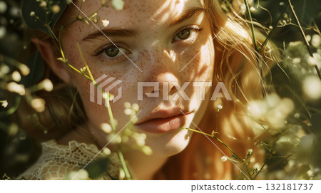 Elven woman gazing through flowers 132181737