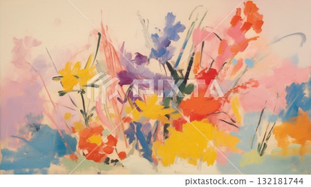 Expressionist summer flowers oil painting, shades of red, yellow, blue, purple, and pink 132181744