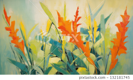Expressionist flower oil painting, orange, yellow, and green colors summer background Expressionist flower oil painting, orange, yellow, and green colors summer background 132181745