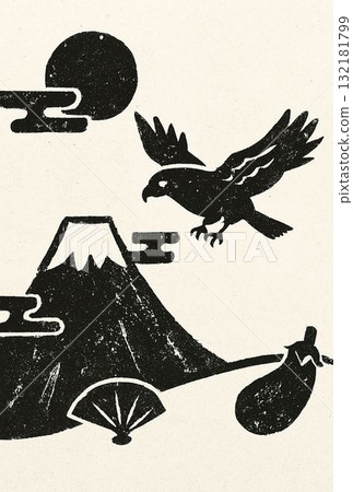 New Year's Card Material - Fuji, Hawk, Eggplant - Woodblock Style New Year's Card Material - Fuji, Hawk, Eggplant - Woodblock Style 132181799