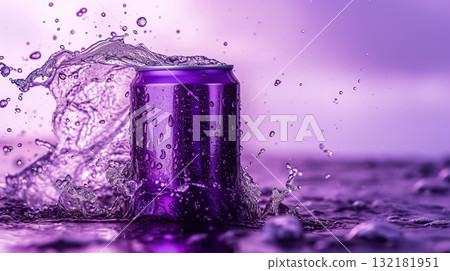 cold colorful metallic soda can in splashing water and with drops of condensate, fresh drink in liquid, advertising mock-up 132181951