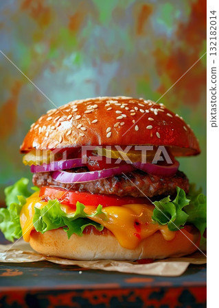 fresh juicy hamburger with beef meat, grilled cheeseburger with onion and tomato, classic american fast food burger fresh juicy hamburger with beef meat, grilled cheeseburger with onion and tomato, classic american fast food burger 132182014