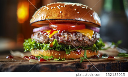 fresh juicy hamburger with beef meat, grilled cheeseburger with onion and tomato, classic american fast food burger fresh juicy hamburger with beef meat, grilled cheeseburger with onion and tomato, classic american fast food burger 132182015