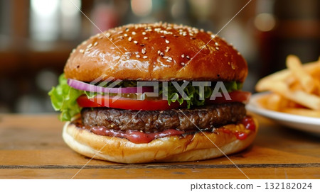 fresh juicy hamburger with beef meat, grilled cheeseburger with onion and tomato, classic american fast food burger fresh juicy hamburger with beef meat, grilled cheeseburger with onion and tomato, classic american fast food burger 132182024