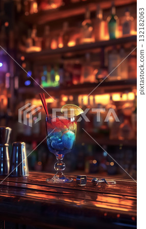 glass with colorful alcohol drink on bar counter, tropical exotic cocktail at nightclub glass with colorful alcohol drink on bar counter, tropical exotic cocktail at nightclub 132182063