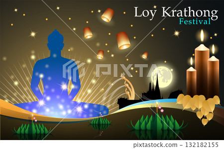 Loy-Krathong Festival banner template background. Celebration of Thailand Culture for the worship of The Lord Buddha in The Super Fullmoon Night and The Ultimate Marketing Promotion Campaign. Loy-Krathong Festival banner template background. Celebration of Thailand Culture for the worship of The Lord Buddha in The Super Fullmoon Night and The Ultimate Marketing Promotion Campaign. 132182155