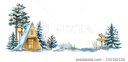 Hand-painted watercolor illustration template with winter cabin, snowy pines, and forest elements, designed as a festive frame for Christmas cards, invitations, posters, and seasonal lettering. Hand-painted watercolor illustration template with winter cabin, snowy pines, and forest elements, designed as a festive frame for Christmas cards, invitations, posters, and seasonal lettering. 132182158