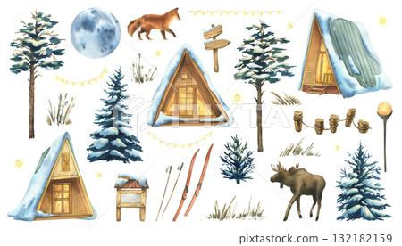 Large clipart set with cabins, fox, moose, moon, snowy pines, and winter forest elements, created as a hand-painted watercolor illustration, perfect for Christmas crafts and holiday decoration. Large clipart set with cabins, fox, moose, moon, snowy pines, and winter forest elements, created as a hand-painted watercolor illustration, perfect for Christmas crafts and holiday decoration. 132182159