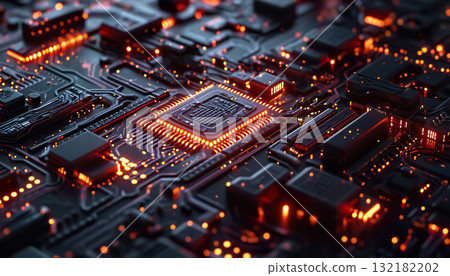 circuit electronic board with microchip, hardware and technology background concept, computer motherboard macro 132182202