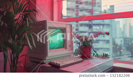 old retro personal computer with vintage CRT display, obsolete old-fashioned pc with keyboard and screen, in style of synthwave old retro personal computer with vintage CRT display, obsolete old-fashioned pc with keyboard and screen, in style of synthwave 132182206