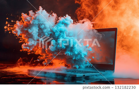 modern laptop burning, pc emergency and accident concept, data and information loss background modern laptop burning, pc emergency and accident concept, data and information loss background 132182230
