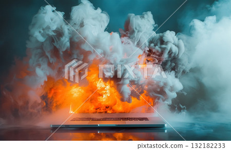 modern laptop burning, pc emergency and accident concept, data and information loss background modern laptop burning, pc emergency and accident concept, data and information loss background 132182233