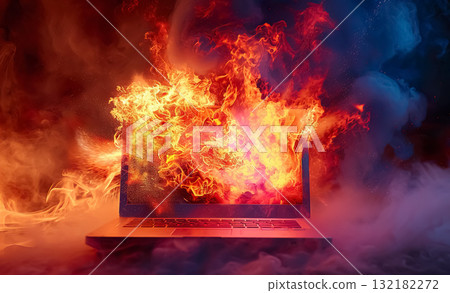 modern laptop burning, pc emergency and accident concept, data and information loss background 132182272