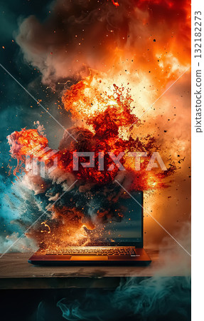 modern laptop burning, pc emergency and accident concept, data and information loss background 132182273