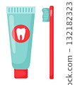 Tube of toothpaste and toothbrush illustration in flat style. Vector illustration 132182323