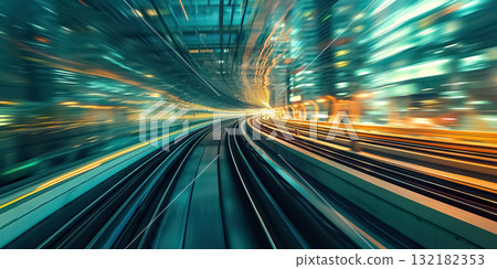 railway train blurred motion perspective, speed and dynamics of big city, urban traffic concept 132182353