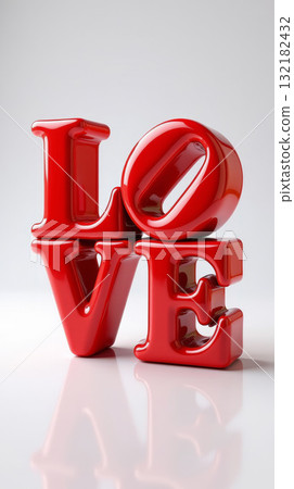 Shiny red stacked LOVE letters sculpture on a white reflective surface. Modern design, symbolizing love and passion. Valentine's day, wedding concept. 132182432