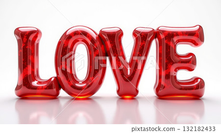 Glossy red LOVE text with a vibrant texture, placed on a white background. A creative concept for love, romance, and affection. Valentine's day, wedding concept. Glossy red LOVE text with a vibrant texture, placed on a white background. A creative concept for love, romance, and affection. Valentine's day, wedding concept. 132182433