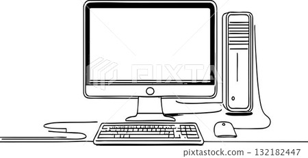 Modern Desktop Computer Setup With Monitor Keyboard Mouse And Tower On Desk Illustration 132182447