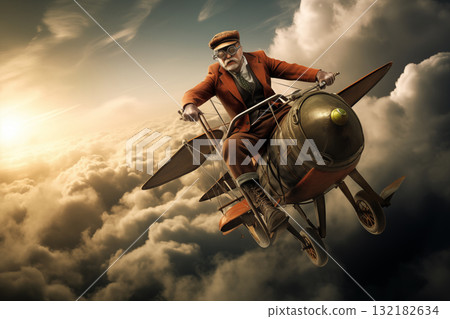 a man is flying a retro airplane in the sky a man is flying a retro airplane in the sky 132182634