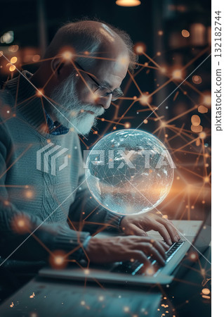 person working online with laptop computer and earth globe hologram overlay, futuristic smart networking concept 132182744