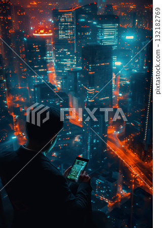 successful young businessman in suit standing by window in office building, urban city skyline with skyscrapers on background 132182769