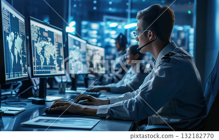 professional technology engineer monitoring business processes in room with computers, call centre operator support professional technology engineer monitoring business processes in room with computers, call centre operator support 132182770