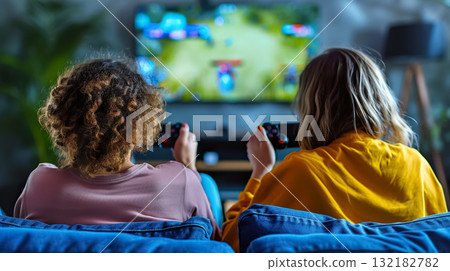 happy couple playing video game with controller on play station at home, friends play computer games on console and have fun 132182782