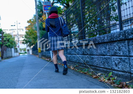 High school girl walking to and from school on a dark road for club activities on a cold day. High school student in winter clothes. Back view. School commute. Dark. 132182803