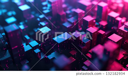 abstract background with purple neon cubes and square mosaic, futuristic technology isometric design 132182934