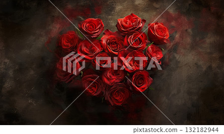 beautiful red rose flower bouquet in heart shape, valentine day and love concept, romantic pink background 132182944