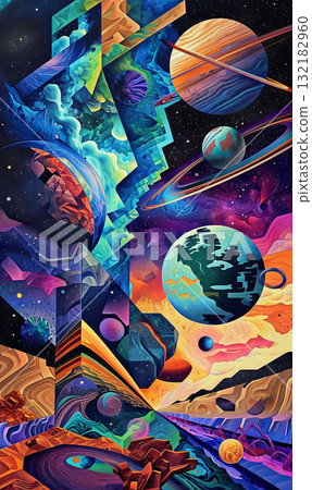 surreal cosmic collage with planets, stars, nebulas and galaxies, far alien world in style of abstract, dreamlike colorful universe 132182960