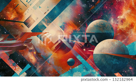 surreal cosmic collage with planets, stars, nebulas and galaxies, far alien world in style of abstract, dreamlike colorful universe 132182964