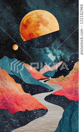 surreal cosmic collage with planets, stars, nebulas and galaxies, far alien world in style of abstract, dreamlike colorful universe 132182968