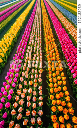 beautiful colorful tulip field in Netherlands, vibrant and vivil flowers garden outdoor in Holland aerial view 132182989
