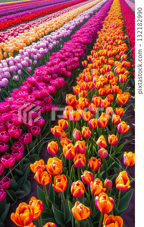 beautiful colorful tulip field in Netherlands, vibrant and vivil flowers garden outdoor in Holland aerial view 132182990