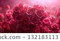 beautiful red rose flower bouquet in heart shape, valentine day and love concept, romantic pink background 132183113