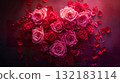 beautiful red rose flower bouquet in heart shape, valentine day and love concept, romantic pink background 132183114