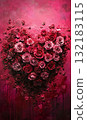 beautiful red rose flower bouquet in heart shape, valentine day and love concept, romantic pink background 132183115