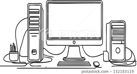 Modern Desktop Computer Setup With Monitor Keyboard Mouse And Tower On Desk Illustration 132183119