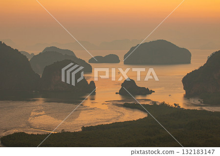 Aerial view of colorful sky in beautiful sunrise at Samet Nangshe viewpoint 132183147