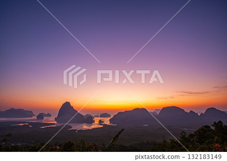 aerial view Amzing red sky above the island in Samed Nang Chee Phang Nga. 132183149