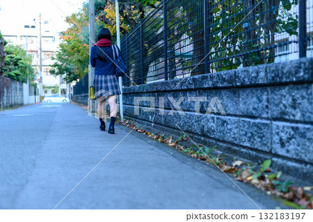 High school girl walking to and from school on a dark road for club activities on a cold day. High school student in winter clothes. Back view. High school girl walking to and from school on a dark road for club activities on a cold day. High school student in winter clothes. Back view. 132183197