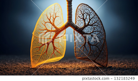 Artistic depiction of human lungs with a leaf-like structure and glowing effect. Artistic depiction of human lungs with a leaf-like structure and glowing effect. 132183249