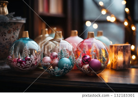glass gifts and decorations on a wooden table, decorated for Christmas or New Year's holiday, garlands, a fairy-tale environment glass gifts and decorations on a wooden table, decorated for Christmas or New Year's holiday, garlands, a fairy-tale environment 132183301