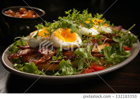 fried eggs with bacon and herbs and chopped vegetables, delicious breakfast, still life on a dark background fried eggs with bacon and herbs and chopped vegetables, delicious breakfast, still life on a dark background 132183350