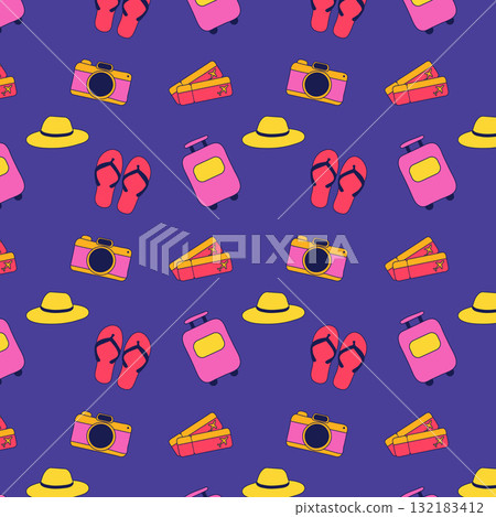 A colourful, seamless pattern on a blue background features travel items such as pink suitcases, cameras, yellow sun hats, red flip flops, and luggage with aeroplane stickers. A colourful, seamless pattern on a blue background features travel items such as pink suitcases, cameras, yellow sun hats, red flip flops, and luggage with aeroplane stickers. 132183412