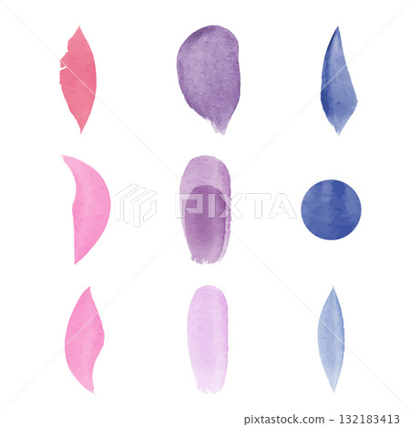 A set of nine watercolor design elements are displayed. These illustrations include petals and brush strokes in different shades of pink, purple, and blue on a white background. A set of nine watercolor design elements are displayed. These illustrations include petals and brush strokes in different shades of pink, purple, and blue on a white background. 132183413